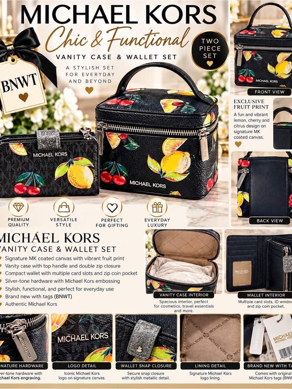 BNWT Michael Kors Fruit Print Vanity Case & Wallet 2PC Set